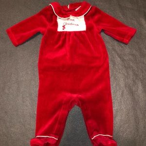 Velvet Newborn first Christmas footie outfit